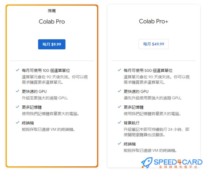谷歌云Colab Pro代购代付 - Speed4Card专业充值平台