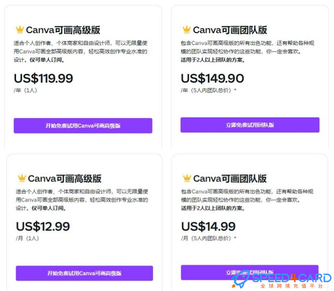 Canva可画会员代购代付 高级版团队版 - Speed4Card专业充值平台
