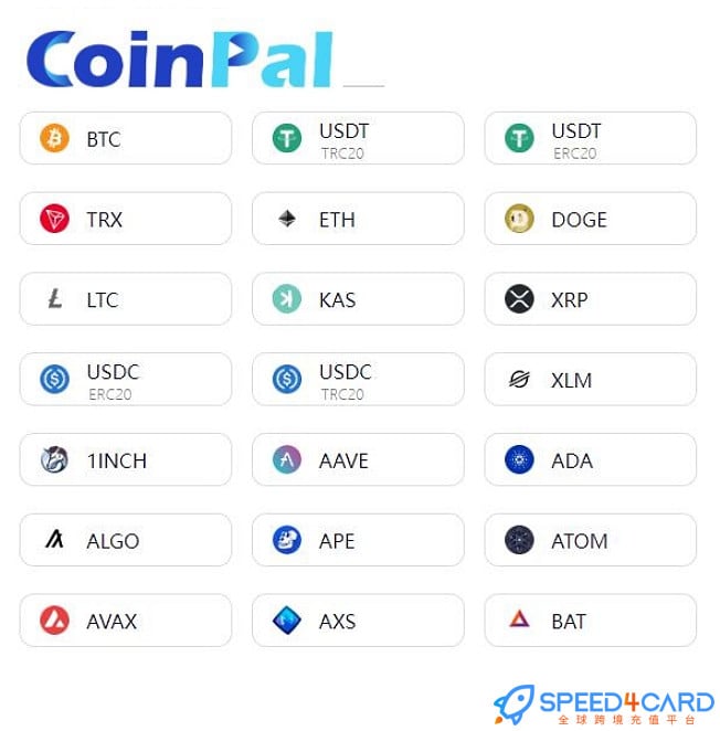 Speed4Card支持60多种虚拟数字货币支付：USDT,BTC,TRC20,ERC20,TRX,ETH,DOGE等