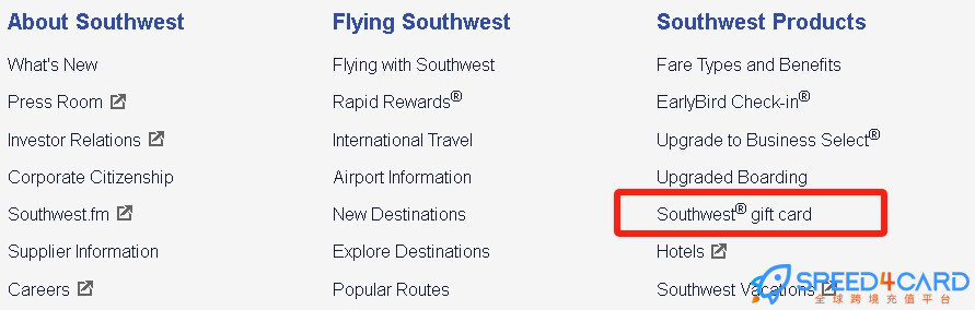 Southwest Airlines礼品卡美国 | Southwest Airlines Gift Card充值卡密  [自动发货]- Speed4Card专业充值平台