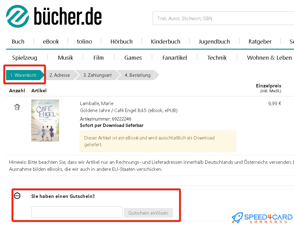 Buecher.de礼品卡美国 | Buecher.de Gift Card充值卡密  [自动发货]- Speed4Card专业充值平台
