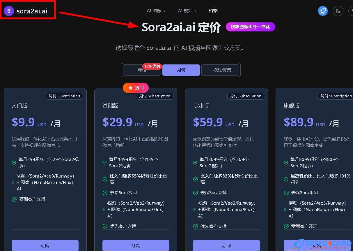 Sora2ai代购代付订阅AI 套餐- Speed4Card专业充值平台