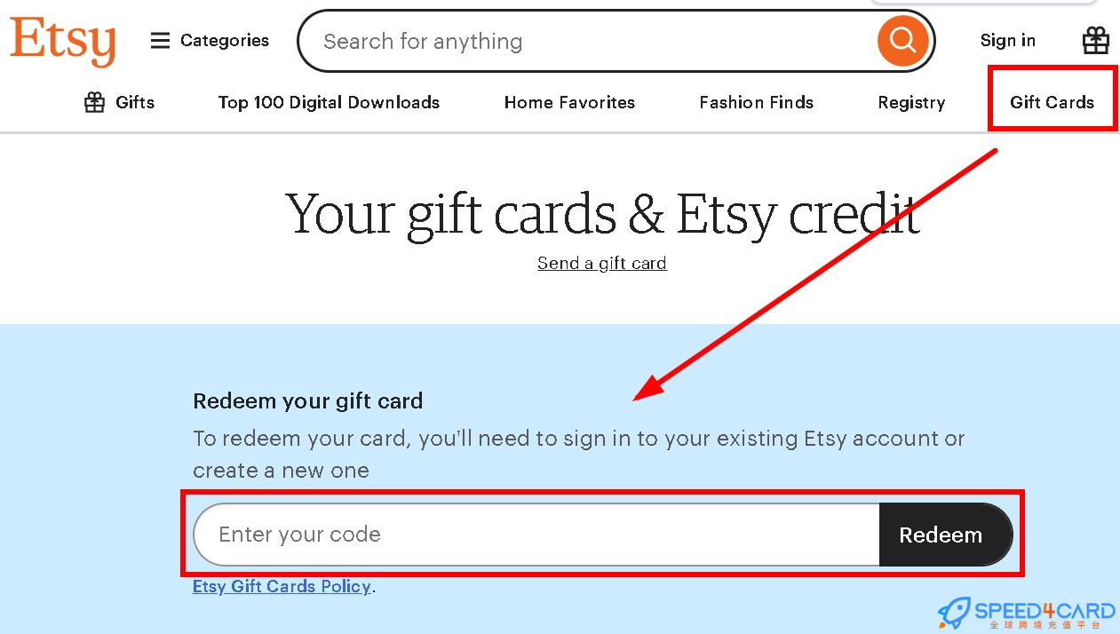 Etsy礼品卡充值卡密- Speed4Card专业充值平台