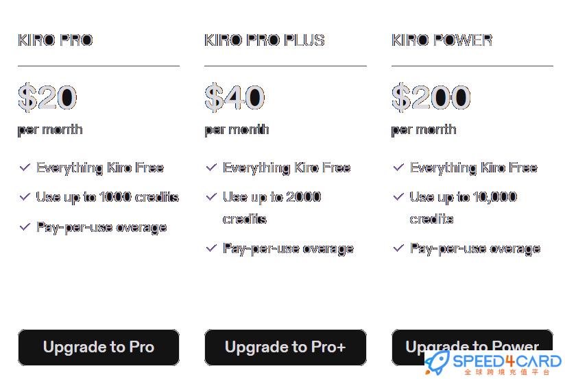 Kiro代购代付订阅套餐- Speed4Card专业充值平台