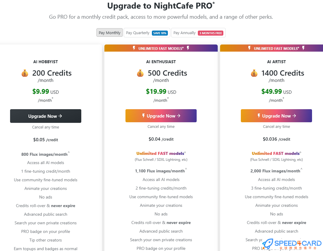 NightCafe代购代付订阅套餐- Speed4Card专业充值平台