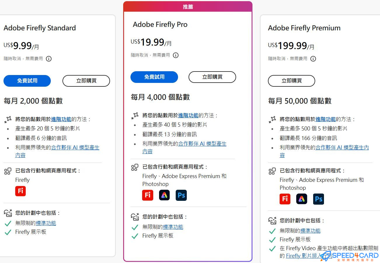 Adobe Firefly代购代付订阅套餐- Speed4Card专业充值平台