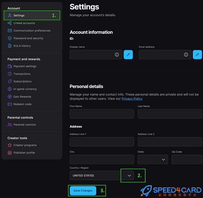 Epic Games代购代付订阅更改国家- Speed4Card专业充值平台