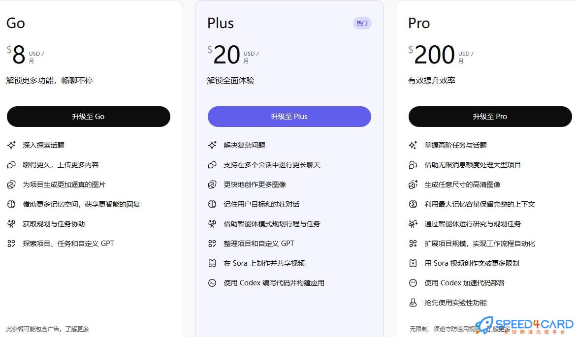 ChatGPT怎么充值会员Upgrade Plan - Speed4Card.com专业充值平台