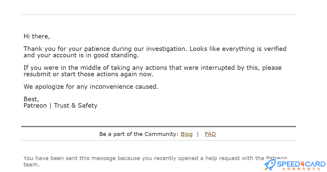 Patreon如何申诉解封？suspicious activity--Speed4Card全球跨境充值平台