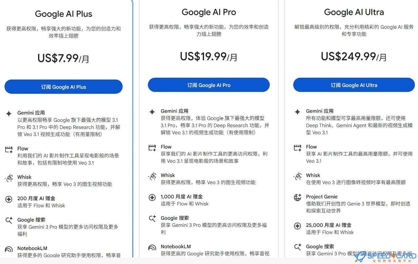 Gemini代充值订阅代购代买，Adcanced会员套餐价格$19.99 - Speed4Card.com专业充值平台