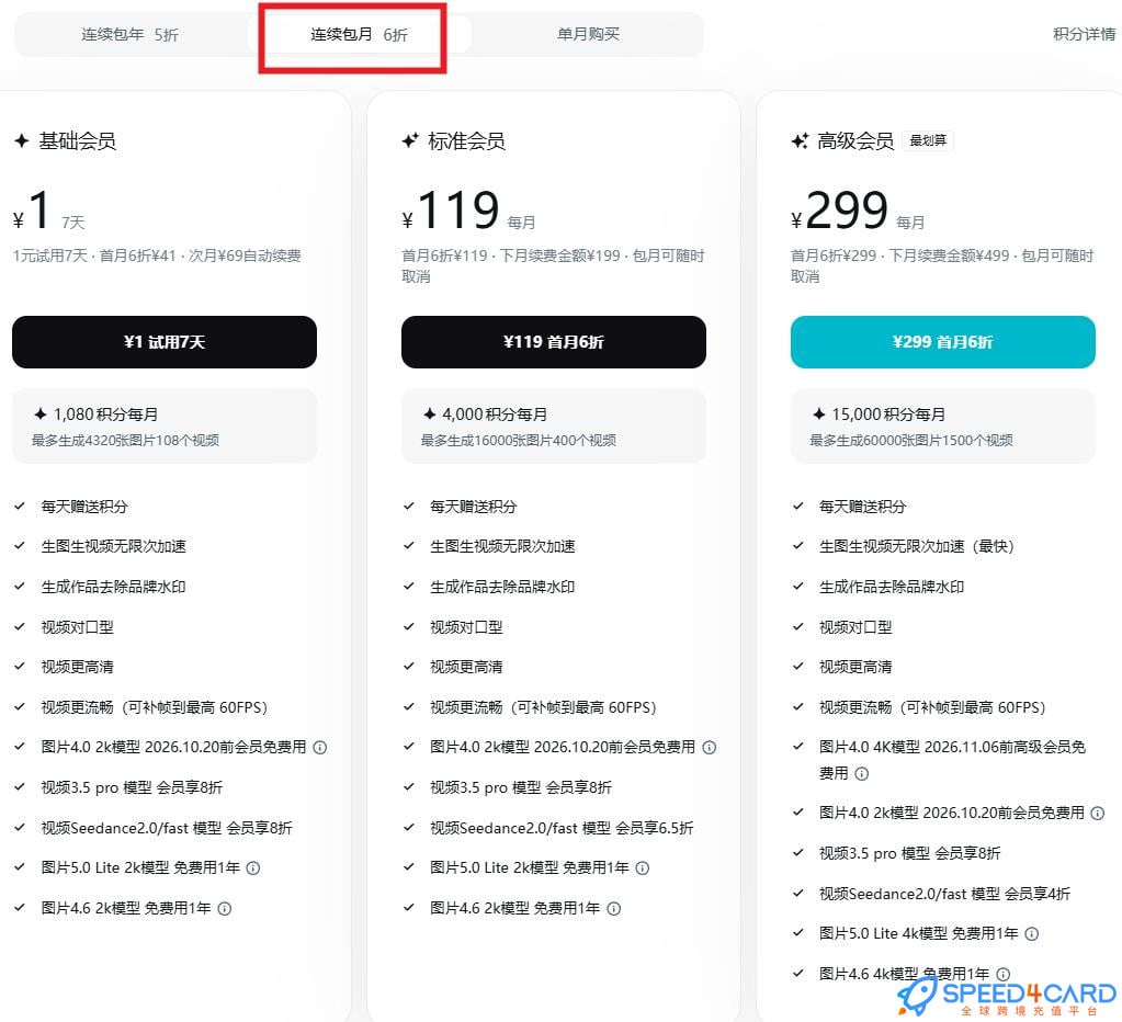 即梦Seedance2.0代购代付订阅即梦AI连续包月套餐- Speed4Card专业充值平台