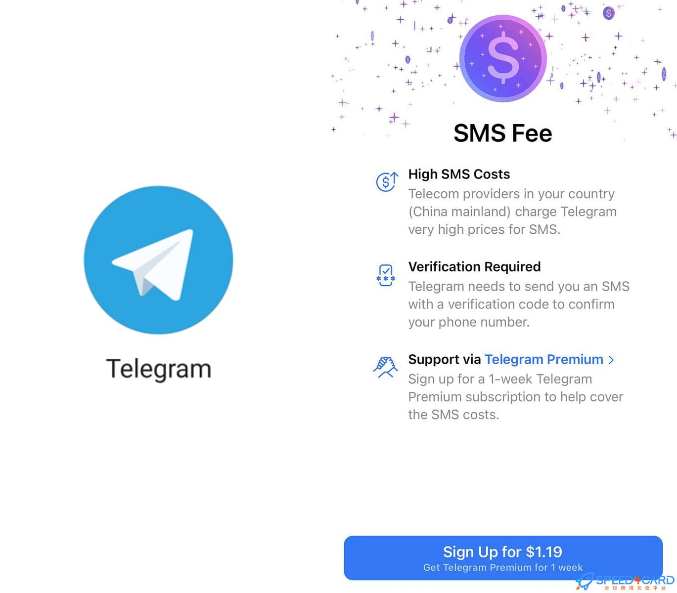 Telegram注册要付费？国内用户注册不了怎么办？SMS Fee信息Telegram付费- Speed4Card专业充值平台