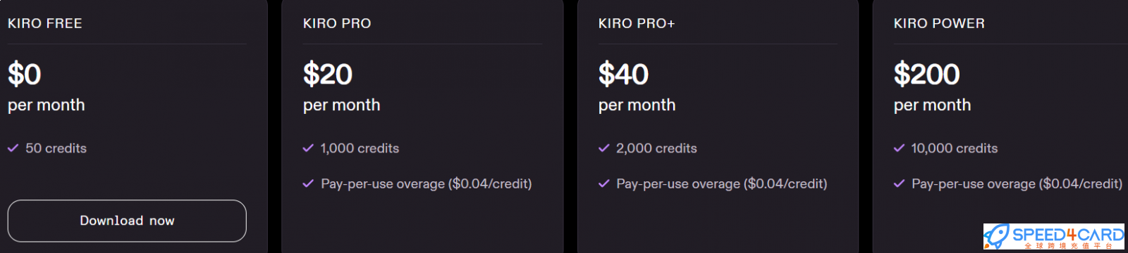 Kiro代购代付订阅套餐- Speed4Card专业充值平台