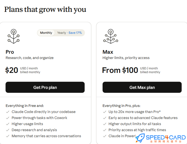 Claude AI会员代充值代购会员套餐-Speed4Card专业充值平台