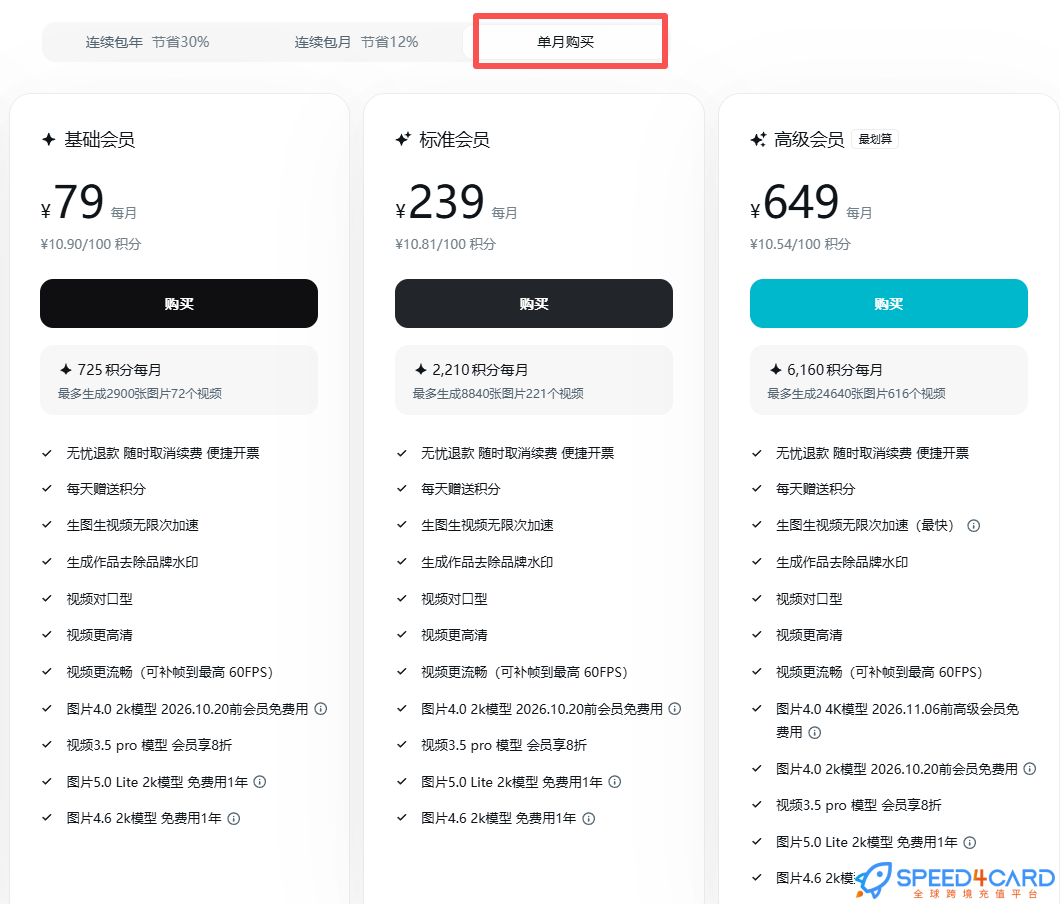 即梦Seedance2.0代购代付订阅即梦AI月会员套餐- Speed4Card专业充值平台