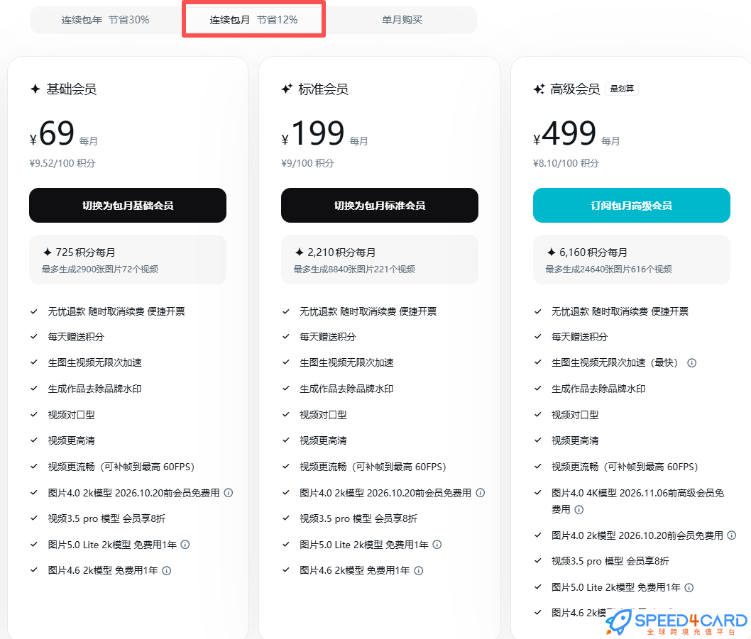 即梦Seedance2.0代购代付订阅即梦AI连续包月套餐- Speed4Card专业充值平台