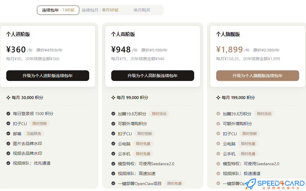 扣子 AI代购代付订阅连续包年套餐- Speed4Card专业充值平台