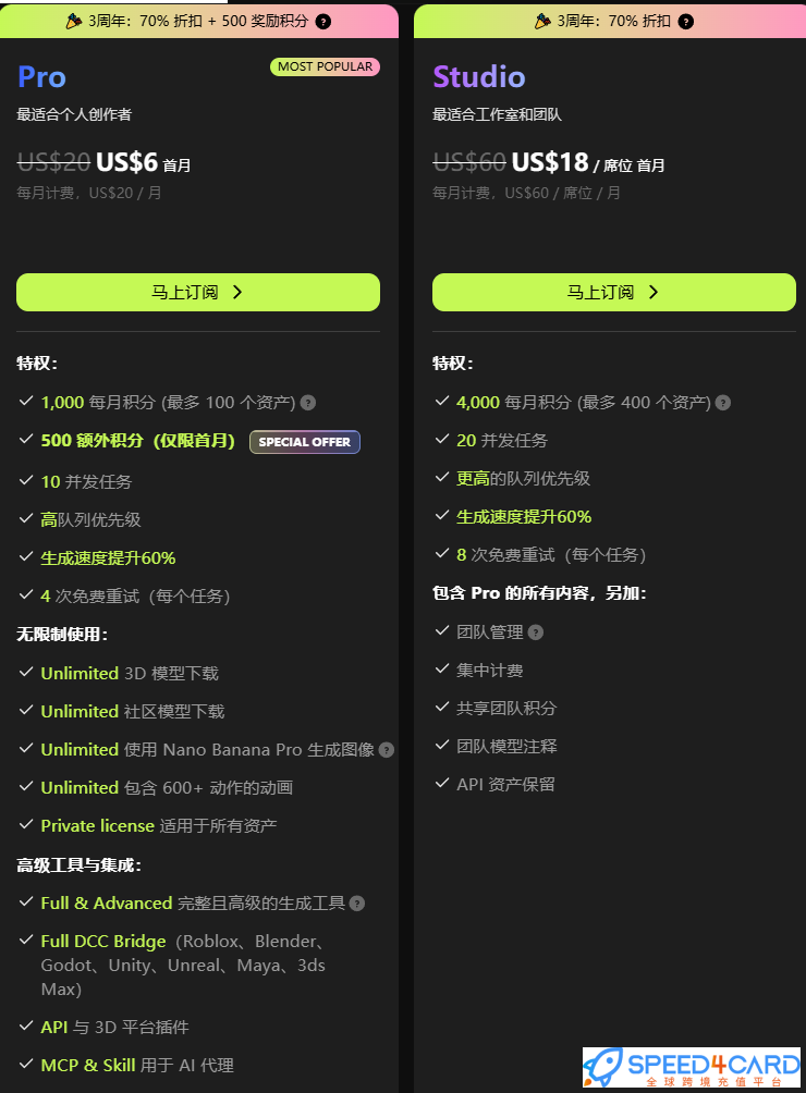 Meshy代购代付订阅AI Pro和Studio套餐- Speed4Card专业充值平台