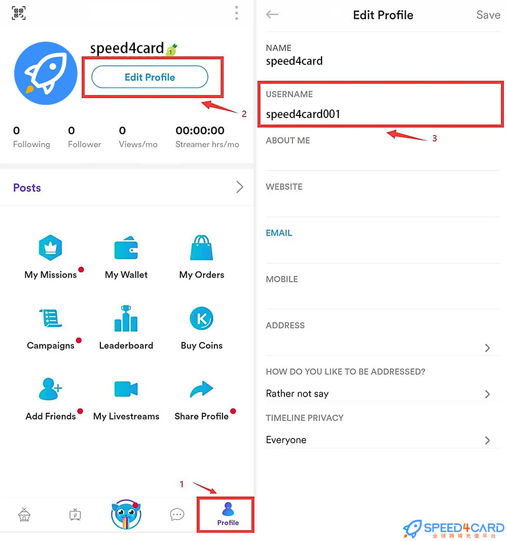 Kumu Live代充值金币查看Kumu Live用户名 - Speed4Card专业充值平台
