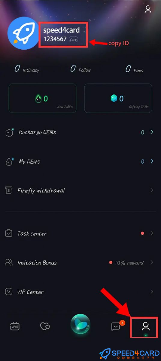 Firefly Live萤火虫直播代充值宝石GEMs查看Firefly Live ID - Speed4Card专业充值平台